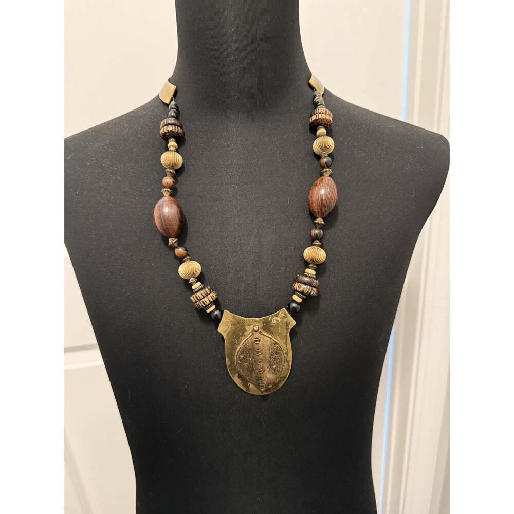 Handmade Brass Wood Statement Necklace Clip Earrings Set Boho Artisan Pendant - Picture 3 of 11